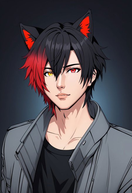 Duskfallcrew Art Style,  solo,  looking at viewer,  simple background,  shirt,  two tone hair,  gradient hair,  black hair,  red hair,  red eyes,  1boy,  animal ears,  jacket,  yellow eyes,  male focus,  parted lips,  cat ears,  heterochromia,  grey jacket,  , cyberpunk, soft lighting,  best illustration,  cinematic angle, cinematic lighting, masterpiece,  official art,