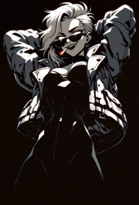 Silhouette style score_9, score_8_up, score_7_up, score_6_up, score_5_up, score_4_up, 1girl, smug face, smirk, hands behind head, from below,punk, cigarette in mouth, iconic glasses, punk jacket, cleavage, dark background, low-key, rimlight, <lora:Kenva:1>, KNVA, HALFTONE EFFECT, retro artstyle, <lora:zavy-chrmtcblr-sdxl:1> . High contrast, minimalistic, black and white, stark, dramatic