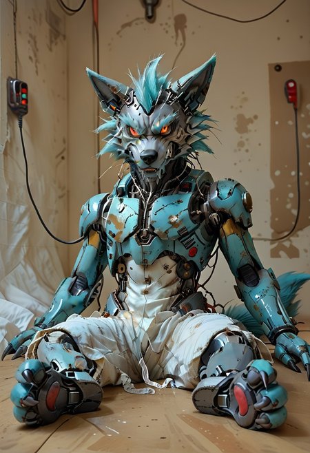 (((Barefoot furry character, full body, cinematic setting, furry male, plantigrade))) 
(((Gilliam))), wolf boy, white pajama, ((wired, hijacked, hacked, corrupted, reprogrammed, brainwashed, mindwiped, )), sitting, spread legs, m pose, nice metalic feet paws, ((nice robotic feet paws)),  three toes, claws, pawpad, determined look, (((restrained))), tilted head, drooling
BREAK
(((gilliam wolf, evil eye, sharp, red fluff tail, cyan hair, robot, cybernetic wolf, metallic))),
BREAK, intricate details, highly detailed, extreme detail, octane render, fine art, best quality, highres, (detailed face:1.5), ((full_body)), UHD, (((perfect hands))), low light