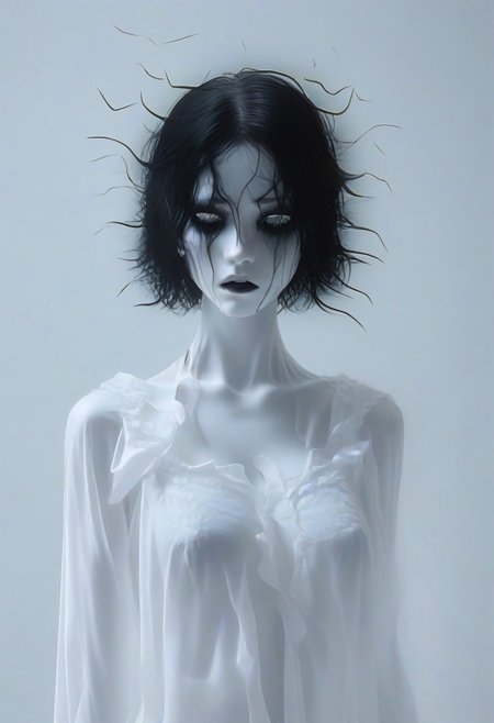 score_9, score_8_up, score_7_up, BREAK, The image is a high-resolution photograph of a person's face, taken in a dramatic, almost surreal style. The subject is a woman with black hair, a fair complexion and striking features. Her body is covered with a white translucent fabric that drapes over her shoulders, creating a ghostly, ethereal effect, which contrasts sharply with the pale skin and the white film, black tears, crying