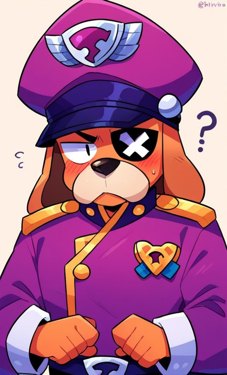 core_9, score_8_up, score_7_up, BREAK , <lora:bsruffsf:1>bsruffs, 1boy, dog ears, eyepatch, furry,orange skin , purple headwear, purple uniform,   ,blush , confused,  ??? ,looking at viewer,