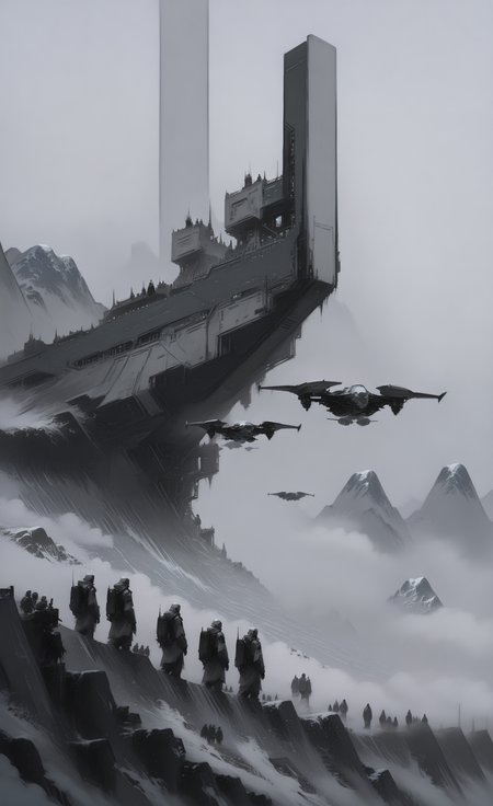 masterpiece, best quality, good quality, newest, highres, absurdres, outdoors, sky, cloud, building, scenery, snow, science fiction, flying, mountain, aircraft, multiple others, bridge, 2others, ambiguous gender, fog, spacecraft, grey sky, people, 3others, 6+others, grey theme, G0zeNA_illu, abstract, surreal,
in the style of ck-sfc,
retro_artstyle, retro, cyberpunk,in the style of cknc <lora:illustriousXL_stabilizer_v1.23:0.3> <lora:NOOB_vp1_detailer_by_volnovik_v1:0.3> <lora:ponyv6_noobE11_2_adamW-000017:0.3> <lora:ck-nc-pastel-cyberpunk:0.7> <lora:retro_scifi_artstyle_illustriousXL-000021:0.7> <lora:G0zeNA_style:0.5> <lora:ck-Sci-Fi-Concepts-IL-000015:0.8>
