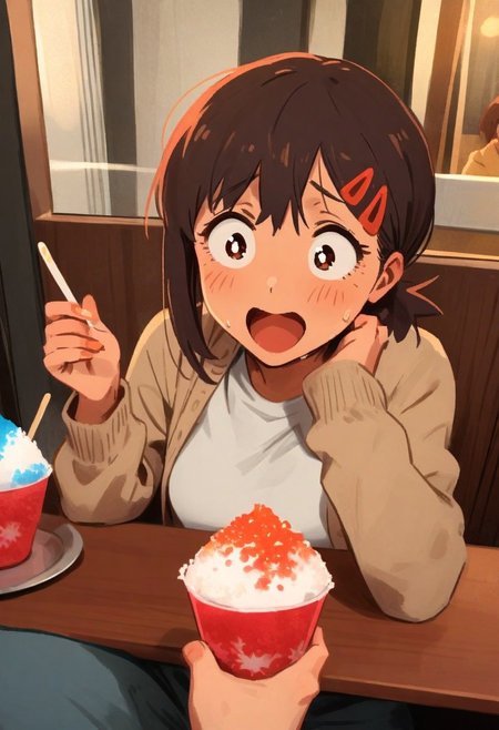 <lora:Khyle. v3:0.8>, pov, pov across table, sitting, (excited over shaved ice),
Higashiyama_Kobeni, white tank top, cardigan, open cardigan, jeans, 
masterpiece, best quality,