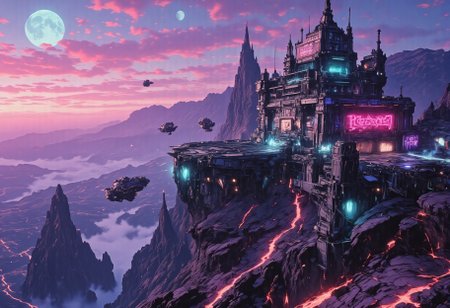 OBxiaoxiang, CAICO, inksketch purple and gray theme, Abstract digital painting in the style of ck-js, detailed photorealistic image, a sci-fi Piratebase of colossal buildings and towers in a barren lavender lush landscape, looking like an Pirate Outpost perched at the Cliff, of a volcanic cliff, its sleek towers a stark contrast to the cliffs surrounding it. The planet’s sun casts a vivid, cyan surreal light across the station, while deep fissures reveal glowing rivers of molten pink lava far below. The sky is a surreal shade of black and purple, dark glowing diodes and lights ((dark glowing diodes, lights and neon signs), Reaper Syndicate written on the neon signs), attached to the building is a landing field with 3  Spaceships landed on it, Dragonkin like creatures are around fixing some spaceships, two moons hanging low in the horizon, each reflecting light off the surface, large depth of field. The sky is a dark pink, with 2 broken soft blue moon hanging low in the horizon <lora:more_details>
realistic, detailed background, shaded, detailed, hi res, realistic, photography \(artwork\), (by kenket), by ross tran, by michael & inessa garmash, by pino daeni, by isvoc, by kiguri, by alena aenami, by ruan jia, (by zenthetiger, by wolfy-nail), by Enki Bilal, by drmax, photorealism, <lora:add_detail:1.3