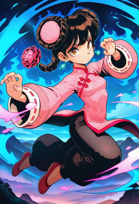 masterpiece, best quality, amazing quality, very aesthetic, absurdres, newest, ffl2lynnilxl, 1girl, female focus, bangs, hair bun, double bun, hair ornament, brown hair, single braid, braid, brown eyes, blue earrings, pink chinese clothes, pink long sleeves, ribbon trim, baggy pants, black pants, red flats, ermi, looking at viewer, multfx, colored shading, colorful shading, small breasts, fighting stance, focused, view from the side, outdoors, night sky, starry sky, aura, bright aura, blue aura