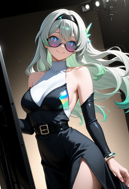 masterpiece, best quality, 1girl, solo, F1reflyJourney, blue pupils, purple eyes, blue eyes, grey hair, green hair, multicolored hair, long hair, black hairband, floating hair ornament, holographic hair ornament, tinted eyewear, white halterneck, ribbed halterneck, black dress, black belt, detached sleeves, bracelet, side slit, modeling, photo shoot, dutch angle, posing, smile,  <lora:ChamFireflyNoob:1>