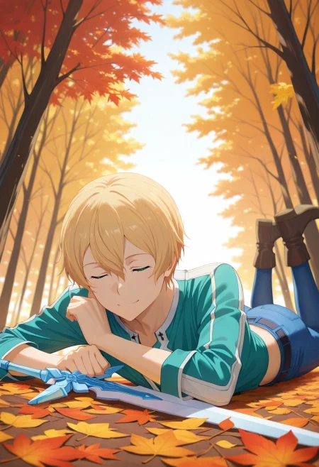 masterpiece, best quality, , semi-realistic, , 1boy, solo, male focus, <lora:eugeo_sao_ilxl:0.98>, eugeo_sao, blonde hair, green eyes, bangs, hair between eyes, short hair, holding sword, from below, trees, autumn, leaves, dawn, the pose, (closed eyes:1.2), smile, Cropped jeans, Button-down shirt, Boots, , Arrow Holder and and