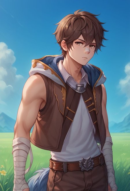 score_9, score_8_up, score_7_up, source_anime, highly detailed, skinny,
ayer, male focus, bandages, hood, 1boy, solo, bandaged arm, brown hair, brown eyes, sleeveless, bandage on face, belt, pants, hood down, expressionless, upper body, tail. blue tail,
outdoor, sky, clouds, grass,