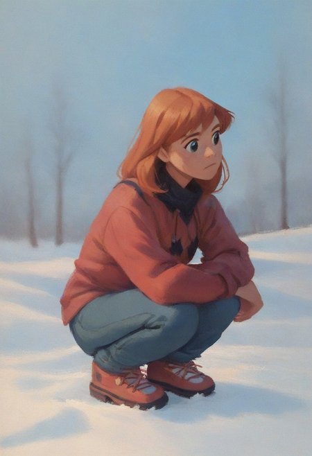 score_9, score_8_up, score_7_up, score_6_up, score_5_up, score_4_up, rating_safe, masterpiece monet painting, julie_power, squatting in the snow