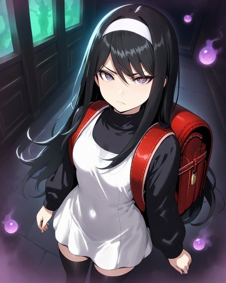 1girl,
SakoErikaDevilSummoner,
safe, solo, perspective, from above, dutch angle,
long hair, black hair, hairband,
beautiful eyes, looking at viewer, frown,
white dress, turtleneck, long sleeves,
black thighhighs, zettai ryouiki, randoseru,
room,
blood, ethereal mist, dim lighting, sinister shadows,
<lora:kp_SakoErikaDevilSummonerAnimagineXL_v1_0:1.0>
masterpiece, high score, great score, absurdres