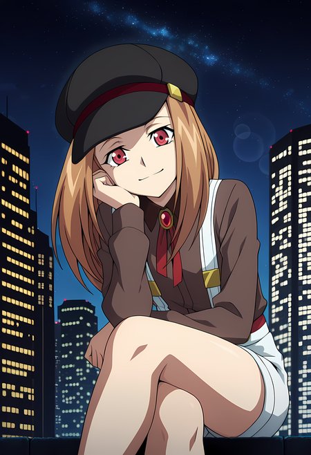 masterpiece,best quality,amazing quality,

solo, 

Noa Hoshizaki (Cardfight Vanguard), long hair, brown hair,

red eyes, cabbie hat, black headwear, brown shirt, collared shirt, neck ribbon, red ribbon, long sleeves, white shorts, suspenders, suspender shorts,

looking at viewer, smile, cheeks leaning on arm,

cinematic, cross legs, crossing legs, 

Outdoors, night, On top skyscraper, sci-fi city, (galaxy sky:1.2),

Lens flare, bloom,

Official style, anime screencap, anime coloring,












