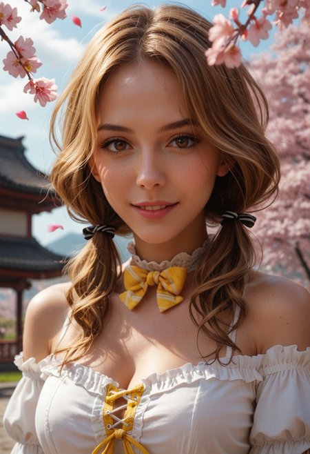 score_9_up, score_8_up, score_7_up, score_6_up, 1girl, 25 years old, perfect face, (adult:1.2), sexy,
three quarter view, detailed face, portrait, face focus, depth of field, looking at viewer, blush, shy smile, close up, 
brown eyes,
yellow hair, long hair, low twintails, wavy hair, sidelocks,  floating hair, hair between eyes, hair ribbon, black ribbon, 
bow choker, yellow choker, 
cross-laced clothes, striped clothes, 
bare shoulders, frilled sleeves, frills, off-shoulder shirt, 
(((white shirt))), frilled shirt, puffy sleeves, yellow bow, striped bow, yellow bowtie, 
floating clothes, 
day, blue sky, cherry blossoms, falling petals, outdoors, spring (season), wind, (mature), cute