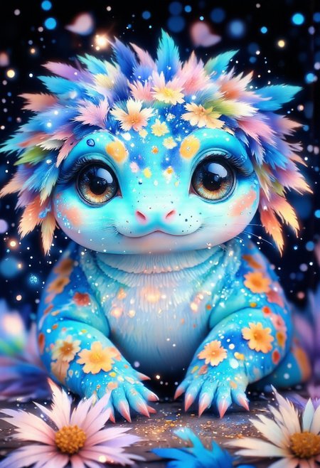 axolotl, flowers and feathers. against a pitch black background. Picturesque, surreal, vibrant glow, bokeh, 8k,
perfection style, detailed background, aidmaMJ6.1,  vivid color, simple background,  watercolor painting, ArsMJStyle, Cute, small zhibi, cute