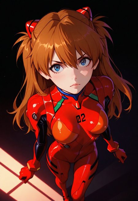 masterpiece, best quality, amazing quality, very aesthetic, (flat colors:1), (Artist:ilya kuvshinov:1), 1 girl, asuka langley,  , dark background, volumetric lighting, from above