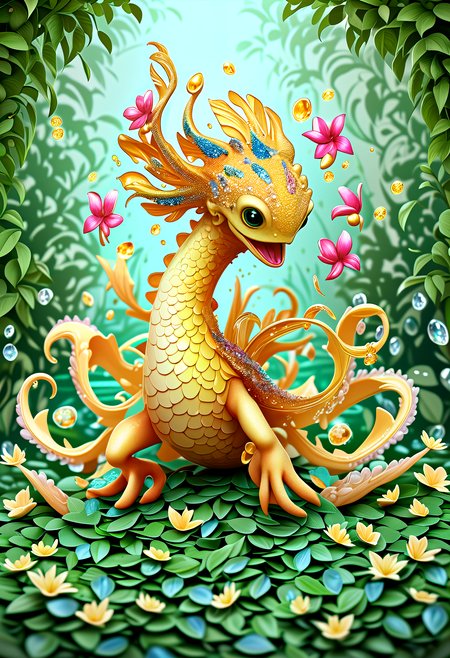 illustrious, Darling, kraken hatchling, dancing on leaves and flower petals made of brccl, crystalz style and dvr-honey, intricate details, colorful, magical, realism, hyperrealistic