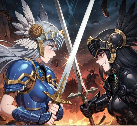 masterpiece,best quality,amazing quality,very aesthetic,absurdres,newest, huge filesize,
<lora:spo_sdxl_10ep_4k-data_lora_webui:0.5>,
<lora:add-detail-xl:1>
 official art, valkyrie profile \(series\),
2girls, fighting, hetero, 
SwordClash, sword, holding sword, from side, 
<lora:SwordClashIL-000019:0.5>  feathers, helmet, 
night,blue sky,  blush, <lora:Valkyrie_ProfileV1_r1:0.9>Valkyrie ProfileV1, 
BREAK
2girls, fighting, hetero, 
SwordClash, sword, holding sword, from side, 
2girls, fighting, hetero,
SwordClash, sword, holding sword, sword, weapon, holding weapon,from side, 
long hair,  V_Lenneth ,
grey hair,   blue armor,feathers  helmet, blue eyes,
BREAK
2girls, fighting, hetero, 
SwordClash, sword, holding sword, from side, 
black armor, weapon,  helmet, polearm, black hair, long hair, halberd, breastplate, V_Arly,
evil smile,   feathers, helmet,