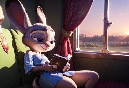 score_9, score_8_up, score_7_up judyhopps \(zootopia\), <lora:judyhopps-v2-ponyv6xl:1> , rabbit ears, curby, shortstack, rabbit girl, small breast, white fur, Expressiveh, volumetric lighting, ultra detailed, cinematic lighting, dramatic lighting, solo, solo focus,  sexy pose, sexy, seductive, smile, indoors, relax, relaxing, train, kimono, shadows, sunny, sunset,  (holding book with one hand), shadows, closeup, sit in a train, train cabin, train window background,  ((reading)), day,