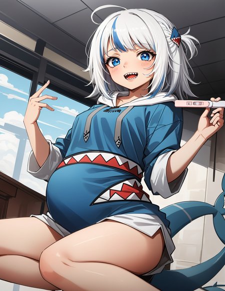 best quality, intricate details, 

1girl, white hair, blue eyes, sharp eyes,messy hair, blue highlights, sharp teeth, 

blue hoodie, shark teeth design, bare legs, hair ornament, gawr gura, shark girl, shark tail, shark print, blue hoodie, sharp teeth, shark hair ornament,  <lora:gawrGuraHololive_v3:0.8>  <lora:pregnancyTest_v10:0.8> pregnancy test, holding,