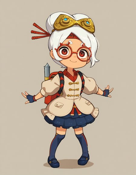 zPDXL, score_9, score_8_up, score_7_up, source_anime, 1girl, solo,
 <lora:LilPurah_v1.2:0.6> purah, sheikah, white hair, dark-skinned female, child, thick eyebrows, red eyes, red-framed eyewear, hair bun, goggles on head, beige jacket, blue skirt, frilled skirt, blue socks, kneehighs, blue footwear, mary janes, red headband, goggles on head, hair stick, hair beads, randoseru, red bag, bag straps, blue and white striped strap, fingerless gloves, blue gloves, petticoat, light smile, <lora:StickySweet_v3:1> stkyswt