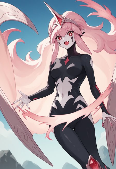 score_9, score_8_up, score_7_up, source_anime, rating_explicit,
BREAK
1girl, solo,
<lora:shiCenturonTruedaV1:1.0>, shitrudeadef, long hair, red eyes, pink hair, 
pointy ears, black bodysuit, navel, colored skin, medium breasts, bright pupils, duel monster, 
looking at viewer, floating, open mouth, fang, sharp fingernails, smile, 
outdoors, blue sky,