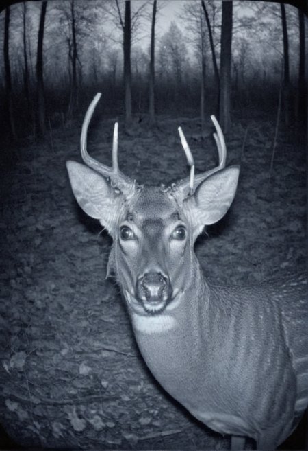 deer looks at the viewer,  camera trap, monochrome   <lora:Camera_trap:1>