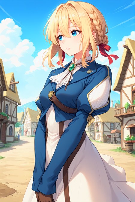 score_9, score_8_up, score_7_up, score_6_up, anime source, anime style,
 <lora:P-VioletEvergarden:1> v10l3t, 1girl, solo, blonde hair, blue eyes, braid, hair ribbon, red ribbon, bangs, hair between eyes, hair intakes, 
blue jacket, brooch, long sleeves, jewelry, white ascot, puffy sleeves, white long dress, brown gloves, 
medium breasts, inexpressive, parted lips, eyelashes, looking away, 
town, medieval town background, old house, dirt road, blue sky, clouds,