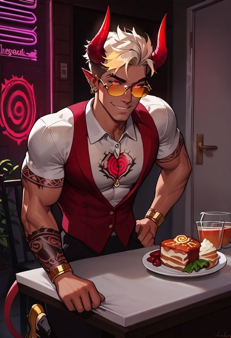 score_9, score_8_up, score_7_up,score_9, score_8_up, score_7_up, (Boy: light tan skin, Toned and tall), Pretty face, handsome smile, perfect face, (((White Glowing hair))), ((Glowing golden irises)), (Neon Red pupils),  tan skin, shiny skin, Curley short haircut, ((2 spiral red horns)), (((Demon))), (Medium muscle build), gages in ears, Neon tattoos on arms, Neon V tattoo on hips, Neon demon tattoos on chest, wild hair, toned hips, ((fit look, large Gold intelligent glasses)), white sleeves dress shirt, Red vest, gold embroidery, dress shoes, eating meal on table, thanking wife for food, ((Gold aura surrounding body)), 
Knocking on bedroom door, outside of bedroom door, waiting for response, knocking sound effects, view from behind