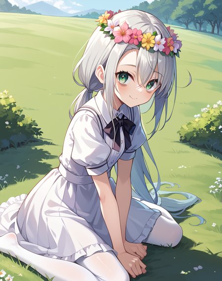 rene_yuusha, grey hair, green eyes, low ponytail,  puffy sleeves, black neck ribbon, very long hair, short sleeves, closed mouth, bags under eyes,white pure  dress, bell skirt, white pantyhose, flower crown  BREAK outdoors,field of grass, flowers BREAK sitted on ground, happy face, open mouth,  wariza, from side  BREAK score_9, score_8_up, score_7_up, source_anime ,zPDXL, perfect hand,<lora:Rene-000017:0.8>