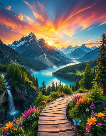 A breathtaking, high-resolution photograph of the most beautiful place on Earth, where natureâs wonders blend in perfect harmony. Towering, snow-capped mountains rise majestically in the background, their peaks glowing under the golden hues of a setting sun. Below, a crystal-clear turquoise lake reflects the colors of the sky, surrounded by lush, green forests filled with ancient trees, vibrant wildflowers, and cascading waterfalls. A soft mist rises from the valley, adding a dreamlike quality to the scene. In the distance, rolling meadows stretch toward the horizon, dotted with colorful flowers and serene wildlifeâgraceful deer grazing, birds soaring in the sky, and butterflies dancing in the breeze. A wooden footpath winds through the landscape, leading to a secluded, tranquil spot where the beauty of nature can be fully admired. The air is crisp and filled with the soothing sounds of rustling leaves, flowing water, and distant birdsong. The sky above is a masterpiece of colorsâdeep oranges, purples, and pinks blending seamlessly as the sun sets, casting a magical glow over this untouched paradise. The atmosphere is peaceful, awe-inspiring, and filled with a deep sense of wonder and tranquility, as if stepping into a perfect dream.
<lora:SDXLFaeTastic2400:0.4> <lora:extremely_detailed:0.4> extremely detailed, <lora:Earth_P4r4d1s3:1>,Earth P4r4d1s3, Masterpiece,best quality,hi res,8k,hi res,8k,award winning,(sharp focus, intricate, highly detailed),
