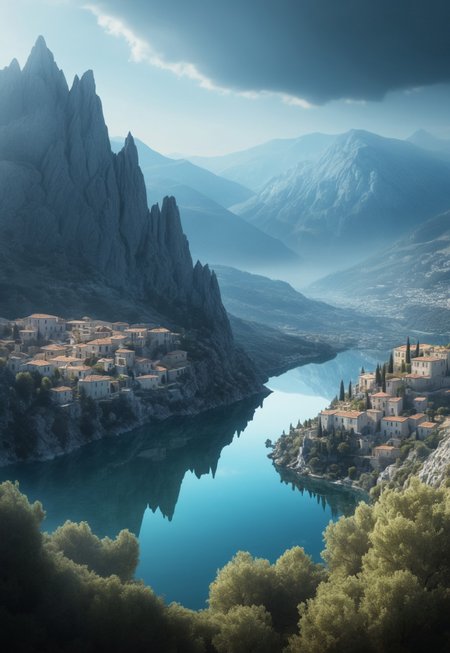 their peaks veiled in mist. mixed media, surrealism, great lighting, A surreal landscape highly detailed . extremely high-resolution details,  appears trapped in an optical illusion of reflections and refractions colorful , mountains and village in Ancient Greece , professional photography, natural lighting, volumetric lighting maximalist. intricately detailed, complex, elegant, expansive, fantastical, film photography style,  medium grain
 (8k uhd:1,4)
(((full-clothed))),
 <lora:add-detail-xl:1>
 <lora:Dynamic Poses:1>