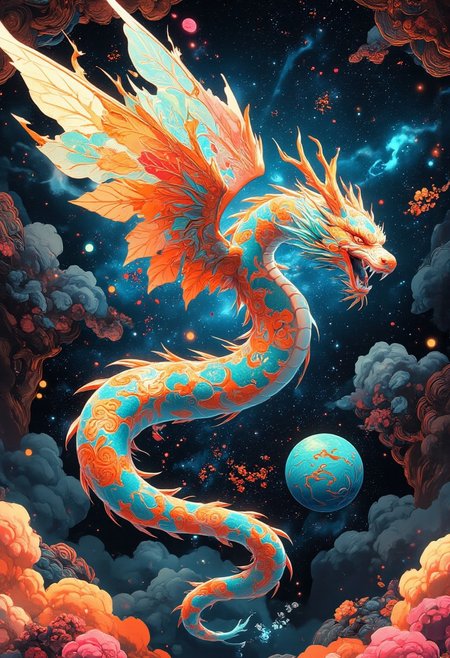 8k, masterpiece, best quality, highly detailed, elegant cloud serpent with iridescent wings , ancient chinese background and a starry sky, vivid colors, vibrant, hair, surreal images, unreal engine 5, higher resolution textures, 4k graphic resolution,photorealistic,HD32k, colorful,beautiful scenery,, reflection,vivid colors,atb,