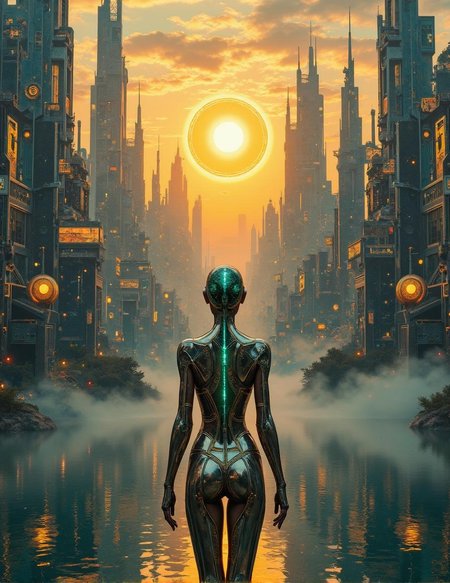 <lora:flux-collagestyle.safetensors:1> darkfantasycollagestyle
In the heart of a sprawling, futuristic city, a monumental figure stands at the edge of a serene, reflective lake at sunrise. The cyborg woman, a vision of technological elegance, is clad in polished metal armor that shimmers with a sleek, glossy finish. Her armor plates, intricately etched with glowing patterns in vibrant hues of electric blue and warm gold, catch the early morning light, casting dynamic shadows and reflections. Her figure, elegantly muscular and athletic, exudes a blend of strength and grace. Her visor, a glowing emerald, cuts through the ethereal mist that rises from the lake, enhancing her enigmatic presence.
The city behind her is a masterpiece of futuristic refinement, with towering structures that reach toward the sky. These buildings, a harmonious fusion of glass and metal, are adorned with intricate, glowing ornamentation that pulsates with a soft, vibrant light. The architectural symmetry and precise lines create a sense of divine grandeur, as if the city itself is a temple of the future. The sky above is a gradient of warm golds and cool blues, the sun casting a celestial glow that illuminates the scene from above, emphasizing the ethereal, otherworldly mood.
The tranquil lake, a mirror of serenity, reflects the opulent cityscape and the majestic figure of the cyborg woman. The water’s surface, calm and glassy, enhances the visual tension and balance, creating a harmony of light and shadow. Every detail, from the glowing accents on her armor to the intricate designs of the city, is intentional, precise, and awe-inspiring, blending the divine with the futuristic in a scene of revered majesty.
