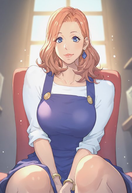 score_9, score_8_up, score_7_up, 1girl, mature_female, large_breasts, portrait, solo, Sitting, pretending to hold a small kitten, pov, (Blue-violet happi), Strawberry Blonde hair, wide_shot, rating_safe, <lora:pony\artist_styles\kotoyoshi_yumisuke_pony:1.0>