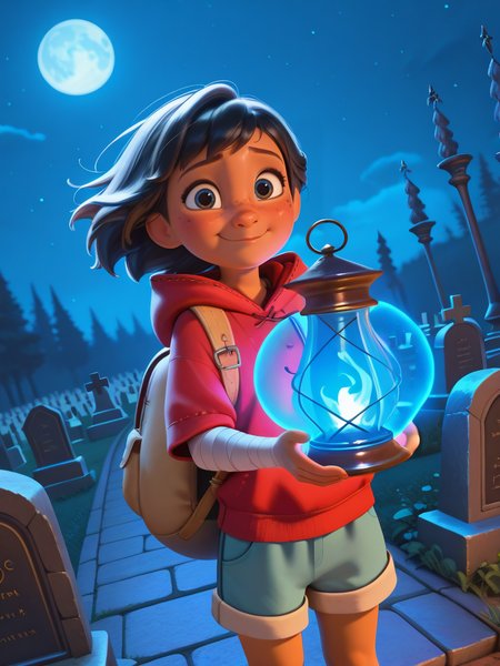 DisneyStudioXL, cinematic, cartoon,
freckles, big backpack, black hair, hood, looking at viewer, dynamic angle, cowboy shot, cute, dynamic pose, smile, blush, wide shot, cute eyes, magic vibes, bangs, floating hair, outdoors, child, shorts, bandages, dark skin, cemetery, skulls, graveyard, night, moon, scared, red hood, from above,  holding a lantern, 
 <lora:DisneyStudios_style-12IL:1>