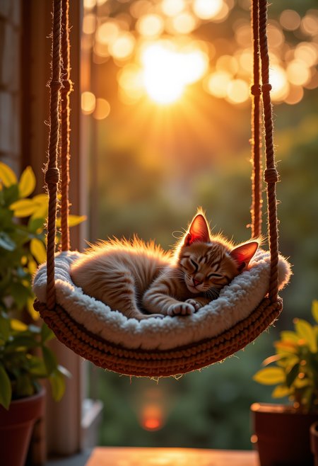 A cute kitten sleeping on a human sized canopy swing. Golden hours. Beautiful Veranda, party lights, plants.