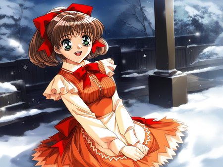 score_9, score_8_up, score_7_up, source_anime, rating_explicit, BREAK <lora:Sunohara_Suzuha_XL:1> Sunohara_Suzuha, brown hair, green eyes, red bow, hair bow, medium hair, ponytail, medium breasts,
1girl, solo, snow, sitting, dress, open mouth, smile, long sleeves, looking at viewer, retro artstyle, holding