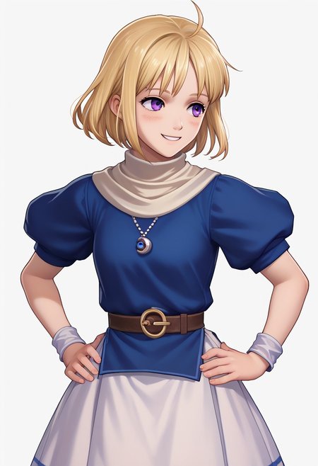 score_9, score_8_up, score_7_up, source_anime, 1girl, solo, blush, smile, hands on hips <lora:zs_FEWarriorsPortraitsXL:1> fewarriorsportraits, portrait, white background, 1boy, male focus, ora:yselena-pdxl-nvwls-v1-000005:1> ysElena, blonde hair, purple eyes, bracelet, pendant, blue shirt, puffy sleeves, short sleeves, belt, white skirt