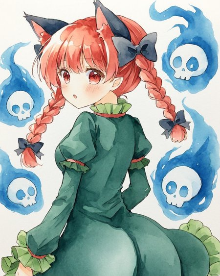 kaenbyou rin,1girl, solo, twin_braids, traditional_media, hair_bow, open_mouth, :d, blue_fire, looking_at_viewer, black_bow, juliet_sleeves, blush, skull, looking_back, hitodama, rose, watercolor_\(medium\), green_dress, white_background, simple_background, frills, painting_\(medium\)
<lora:kaenbyou_rin_image6792_2023-12-20:1>,star-shaped_pupils,symbol-shaped_pupils,. gorgeous,key visual, vibrant, studio anime,award-winning, professional, highly detailed,high budget, cinemascope