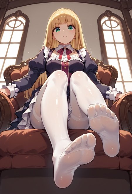 score_9, score_8_up, score_7_up, 1girl, shiny skin,no nsfw, white tights, dynamic pose, (soles), sitting, armchair, Victorian furniture , windows, chiaroscuro, side lighting, (((from below))), foreshortening,1girl,Sana Kashimura
