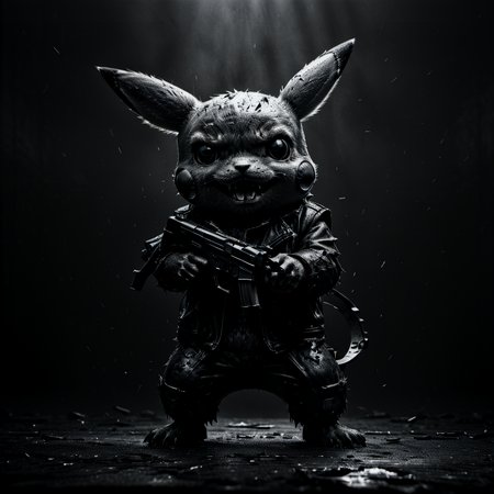 cinematic dark monochrome photo dark and gritty artwork in a realistic style, portraying Pikachu transformed into a gruesome Terminator. Incorporate metallic enhancements, jagged edges, and a menacing demeanor, holding guns, <lora:Into_Darkness:1> , <lora:JuggerCineXL2:1>