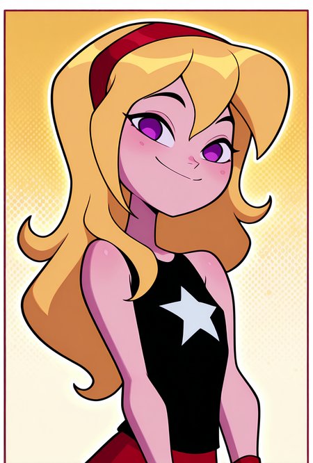 ((cartoon, screencap, )) <lora:lucysmall:1> lucysmall, solo, long hair, blonde hair, red hairband, black shirt, sleeveless, flat chest, star (symbol), purple eyes , tank top, wristband, miniskirt, red skirt, dynamic pose, looking at viewer, smile,, masterpiece, best quality, amazing quality, very aesthetic, absurdres, newest,, upper body, halftone effect, white borders, abstract background:1.2,