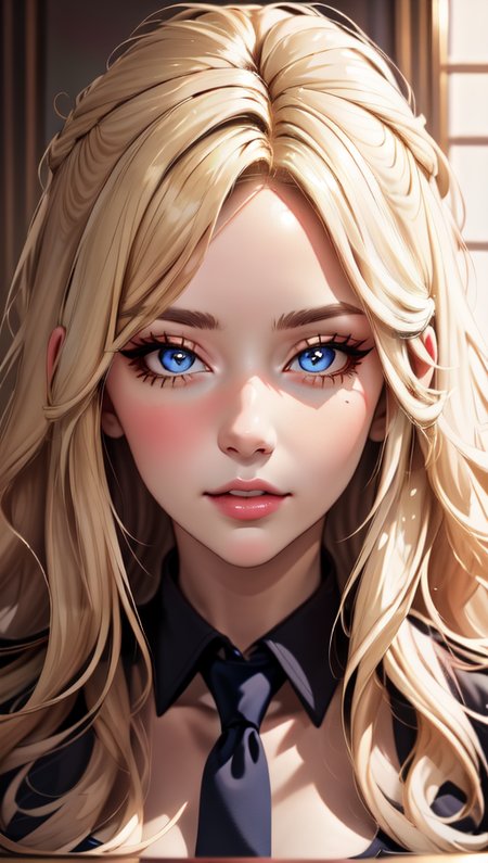 masterpiece, best quality,  1girl,  <lora:big_hair-1.0:1.4> big hair , tied hair,  blonde hair,  long eyelashes,  indoors, necktie, portrait, close-up, parted lips, thick lips, face focus