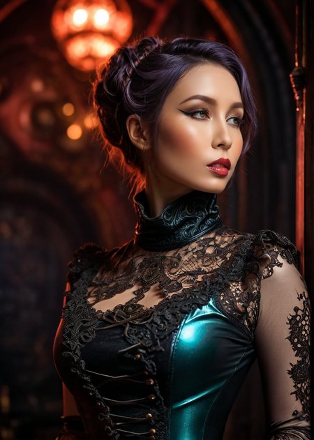 masterpiece, best quality, dark environment, (steampunk:1.5), a woman, (colored latex with lace), turtleneck, burlesque, sexy, 8K, extremely detailed, decorated clothing, dragon, bloodwave, dynamic, great lighting, perfect shading, depth of field, soft side light, very detailed glowing background, <lora:add-detail-xl:0.8> <lora:MS_Aika_Yumeno_V2_SDXL:0.8>