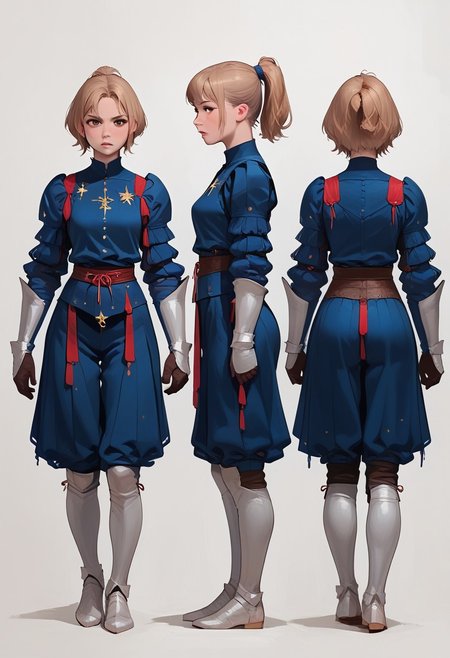 masterpiece,best quality, highly detailed, score_9, score_8_up, score_7_up, score_6_up,front view, side view, back view, multiple views, reference sheet, full body,source_anime,
BREAK, simple background, white background, 1girl, small breasts, high ponytail, short hair, clothed, light brown hair, brown eyes, determined, voluptuous, Landsknecht, armor, knight, full body, blue clothes