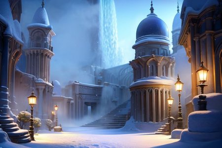 (masterpiece, best quality:1.2), Numenor, waterfall, medieval fantasy city, stairs, (street lamp:0.8), ice, snowing, morning, fog, professional lighting, 8k ultra detailed, photorealistic, cinematic shot <lora:Numenor:0.7> <lora:RealmsOfIce:0.7>  <lora:add_detail:0.8>