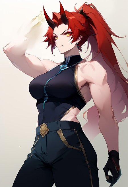 score_9,score_8_up,score_7_up,score_6_up, Expressiveh, 1girl, solo, adult, tall female, golden eyes, red makeup, red hair, streaked hair, long hair ponytail, ponytail, short hairs, red and black horns, spiky horns, breasts, large round breasts, oni, demon queen, demon lord, muscular, (thick thighs:0.6), (angry:0.9), black baggy pants, white top, necklace, FEI XIAO REGULAR WEAR, gloves, black gloves,  smiling looking at viewer, barefoot,  side_kick, tatami,  gym clothes, side view