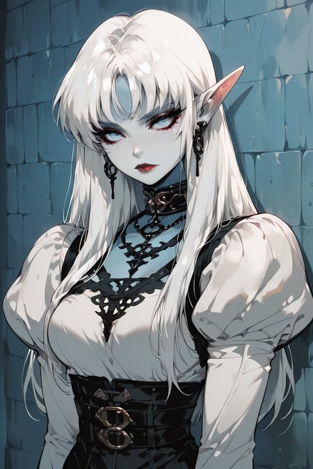 masterpiece, best quality, 1girl, solo, eyelashes, (beautiful eyes),   1girl, solo, long hair, breasts, looking at viewer, bangs, blue eyes, long sleeves, jewelry, closed mouth, upper body, white hair, earrings, choker, pointy ears, puffy sleeves, belt, necklace, collar, colored skin, lipstick, juliet sleeves, elf, wall, long hair, looking at viewer, blue eyes, long sleeves, closed mouth, upper body, white hair, pointy ears, puffy sleeves, colored skin, red lips  ,<lora:GothRetroIXL:1.0>,