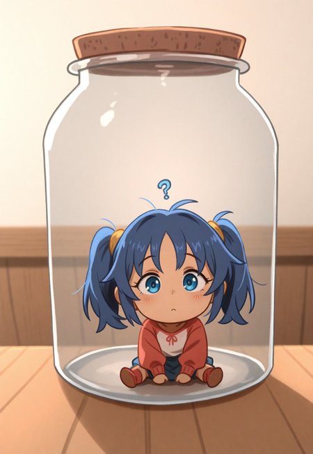  masterpiece, newest, absurdres, safe, masterpiece, best quality, newest, highres, absurdres, 1girl, chibi mita, chibi, blue hair, blue eyes, mini girl, sitting in the jar, twintails, question mark, confused, khyle