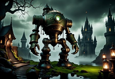 giant bipedal robot dirty cream and dark green, bronze paisley robot. lacy robot metal. diving helmet head. outside of a steampunk keep. large detailed torso. dark image. one forty foot tall ancient robot with great arms and two heavy spring legs. dark foggy night background. $dark foggy night image only. dark photo realistic image. steampunk details. cogs, chains and pipes incorporated in the fantasy buildings. magic wizards tower in background. Dark swamp, moss, castle ruins, wizards tower. stormy dark night.  stormy sky.