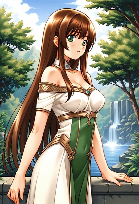 score 9, score 8 up, source anime, masterpiece, best quality, detailed eyes, detailed face, 1girl, solo, outdoors, 
cellkkr, green eyes, brown hair, long hair, bangs, medium breasts